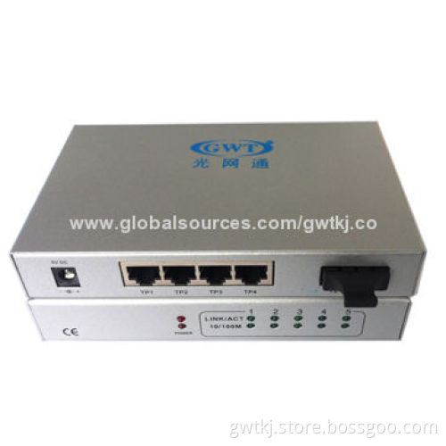 10/100M fiber media converter, 4 RJ45 ports, MM 2km